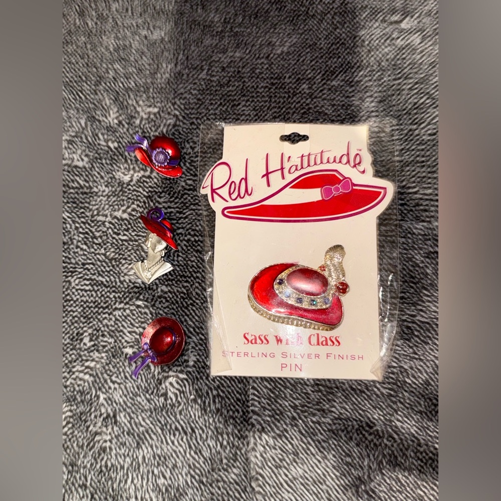 4 Vintage Red Hat Society Sterling Silver Pins